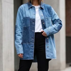 Helmut Lang Oversized Pieced Patchwork Denim Jacket in Blue, size M